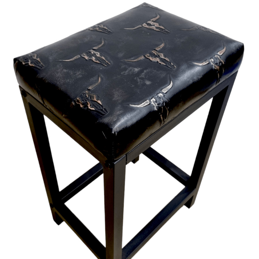 TEXAS Longhorn embossed black leather bar stool / counter top stool - Handmade - Worldwide shipping -FP- 1