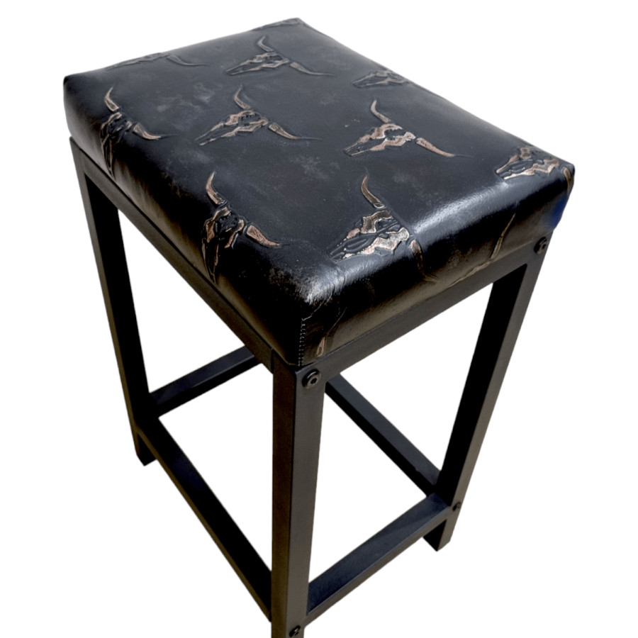 TEXAS Longhorn embossed black leather bar stool / counter top stool - Handmade - Worldwide shipping -FP- 2