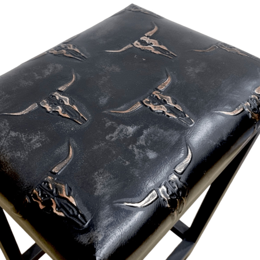 TEXAS Longhorn embossed black leather bar stool / counter top stool - Handmade - Worldwide shipping -FP- 3