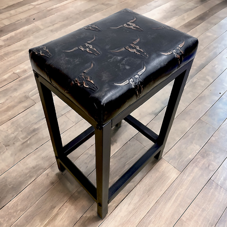 TEXAS Longhorn embossed black leather bar stool / counter top stool - Handmade - Worldwide shipping -FP-