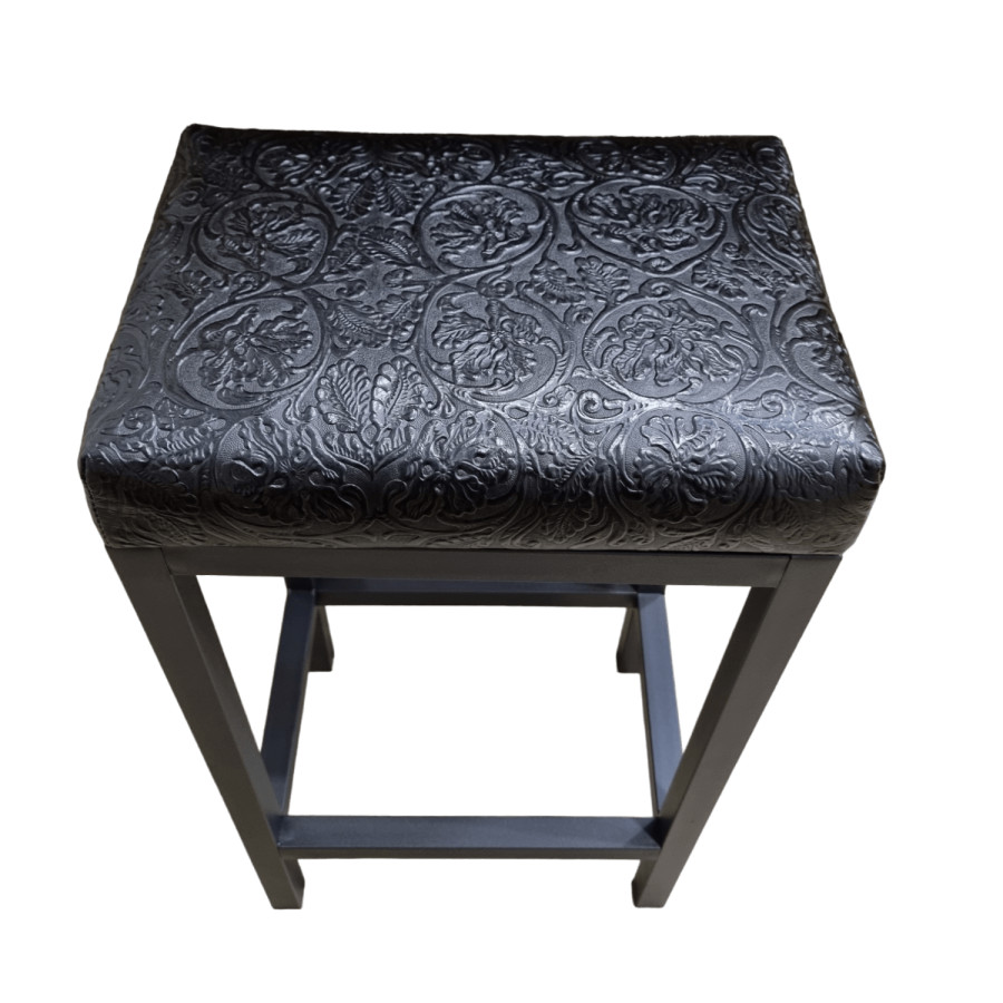 Floral embossed black leather bar stool / counter top stool - Cowboy Tool black - Worldwide shipping -FP-