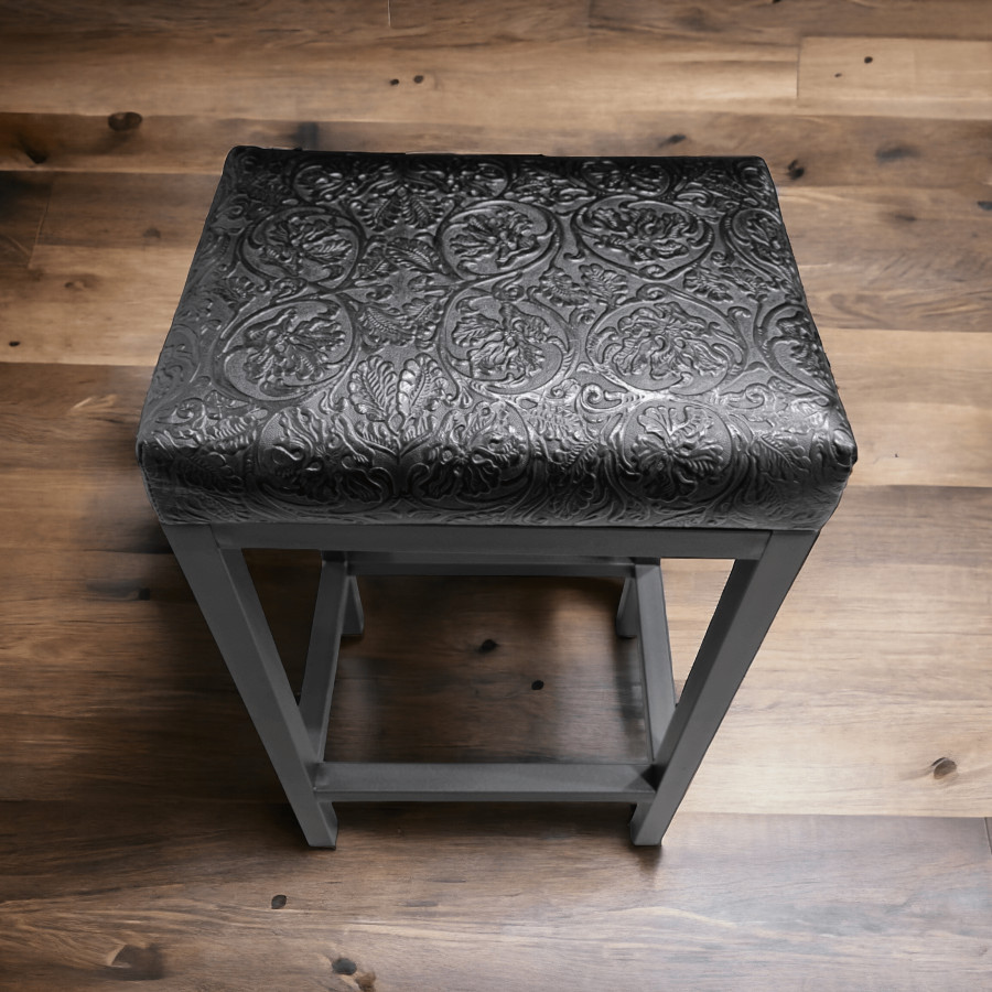 Floral embossed black leather bar stool / counter top stool - Cowboy Tool black - Worldwide shipping -FP- 0