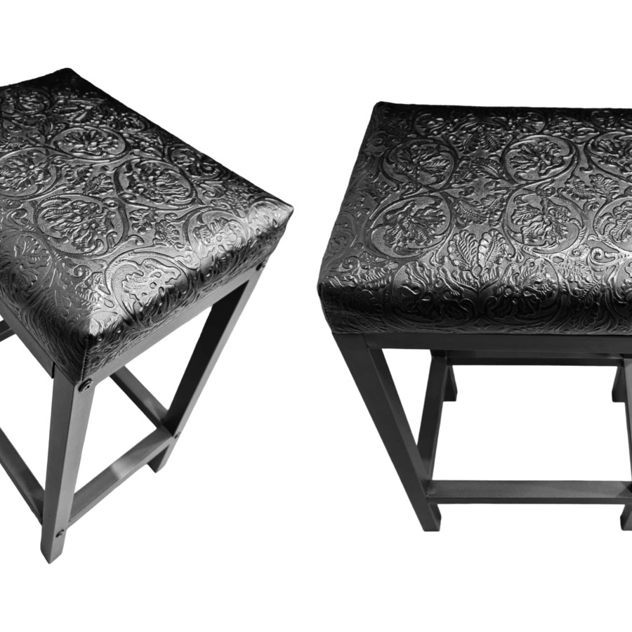 Floral embossed black leather bar stool / counter top stool - Cowboy Tool black - Worldwide shipping -FP- 1