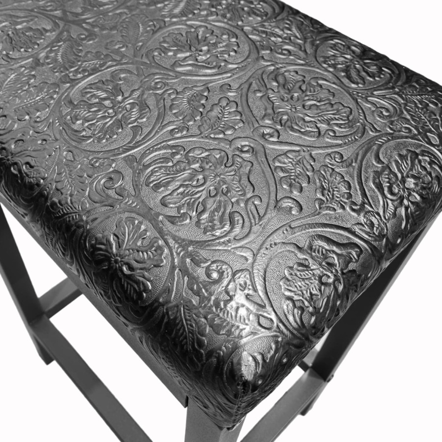 Floral embossed black leather bar stool / counter top stool - Cowboy Tool black - Worldwide shipping -FP- 2