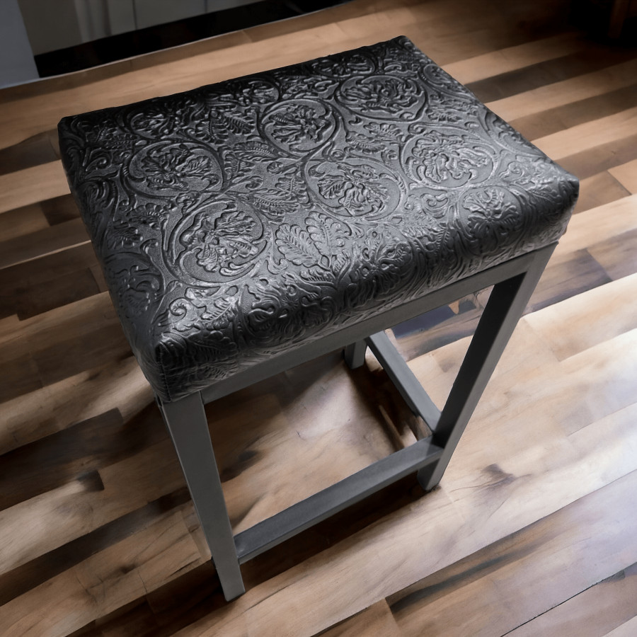 Floral embossed black leather bar stool / counter top stool - Cowboy Tool black - Worldwide shipping -FP- 3