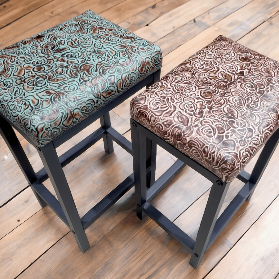 Embossed Turquoise Roses genuine leather bar stool / Leather counter stools - Farmhouse style - Various seat heights FP 0