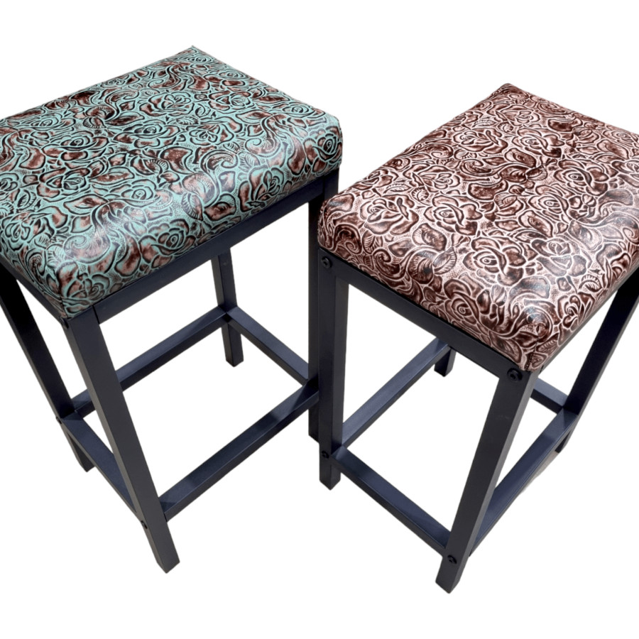 Embossed Turquoise Roses genuine leather bar stool / Leather counter stools - Farmhouse style - Various seat heights FP 1