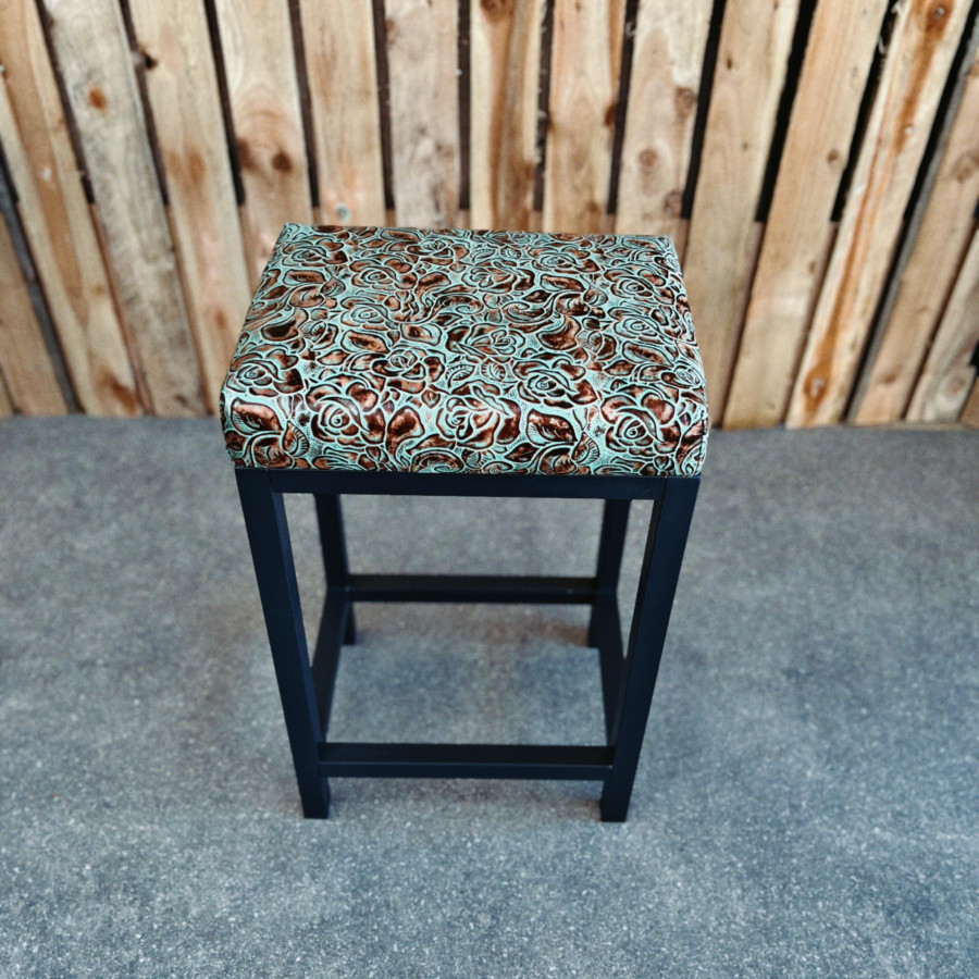 Embossed Turquoise Roses genuine leather bar stool / Leather counter stools - Farmhouse style - Various seat heights FP