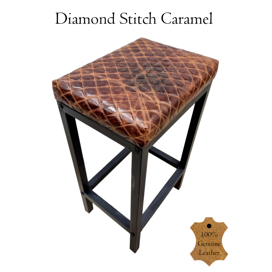 Diamond Stitched Genuine leather bar stool | Leather counter stool | Walnut, Caramel, or Black - Various seat heights FP 1