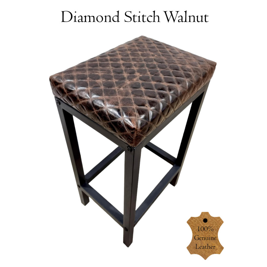 Diamond Stitched Genuine leather bar stool | Leather counter stool | Walnut, Caramel, or Black - Various seat heights FP 2