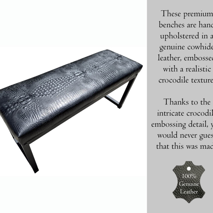 Crocodile Black embossed genuine cowhide leather bench - 40" wide - Matte Black Steel Frame - Handmade 0