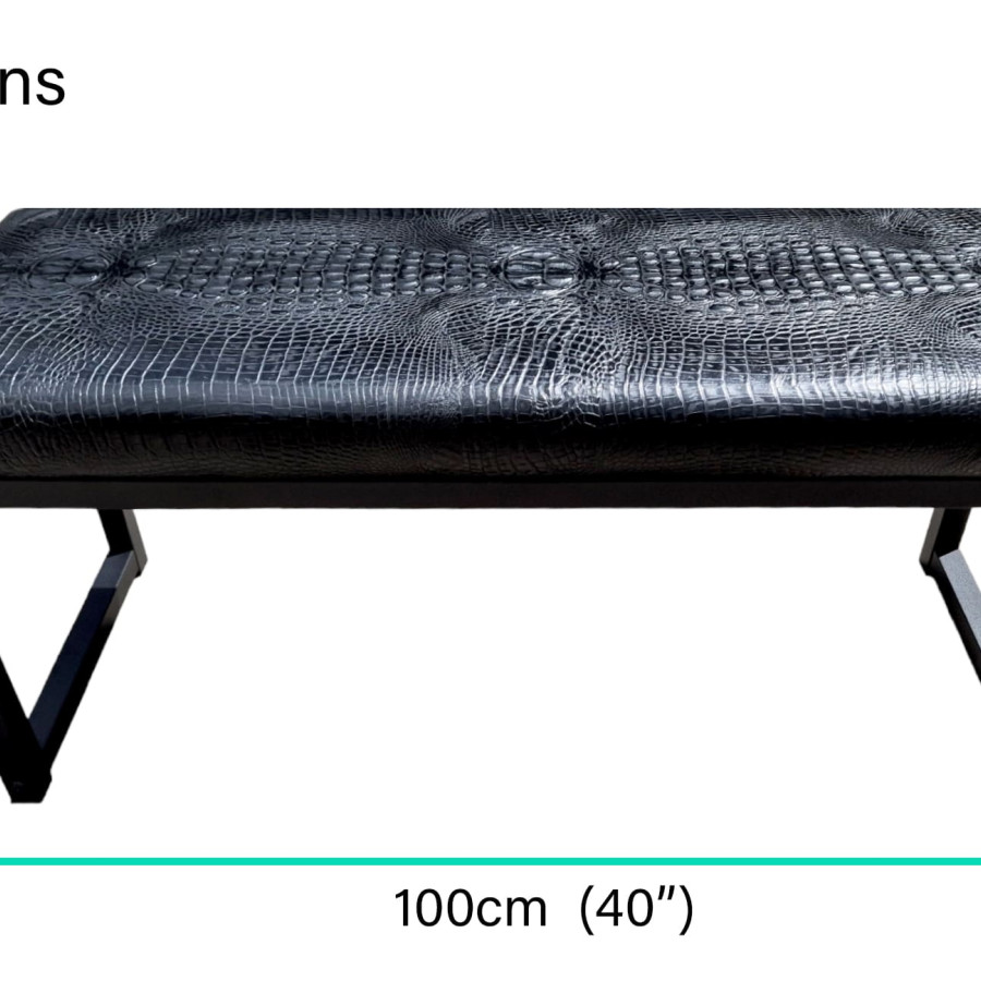 Crocodile Black embossed genuine cowhide leather bench - 40" wide - Matte Black Steel Frame - Handmade 1