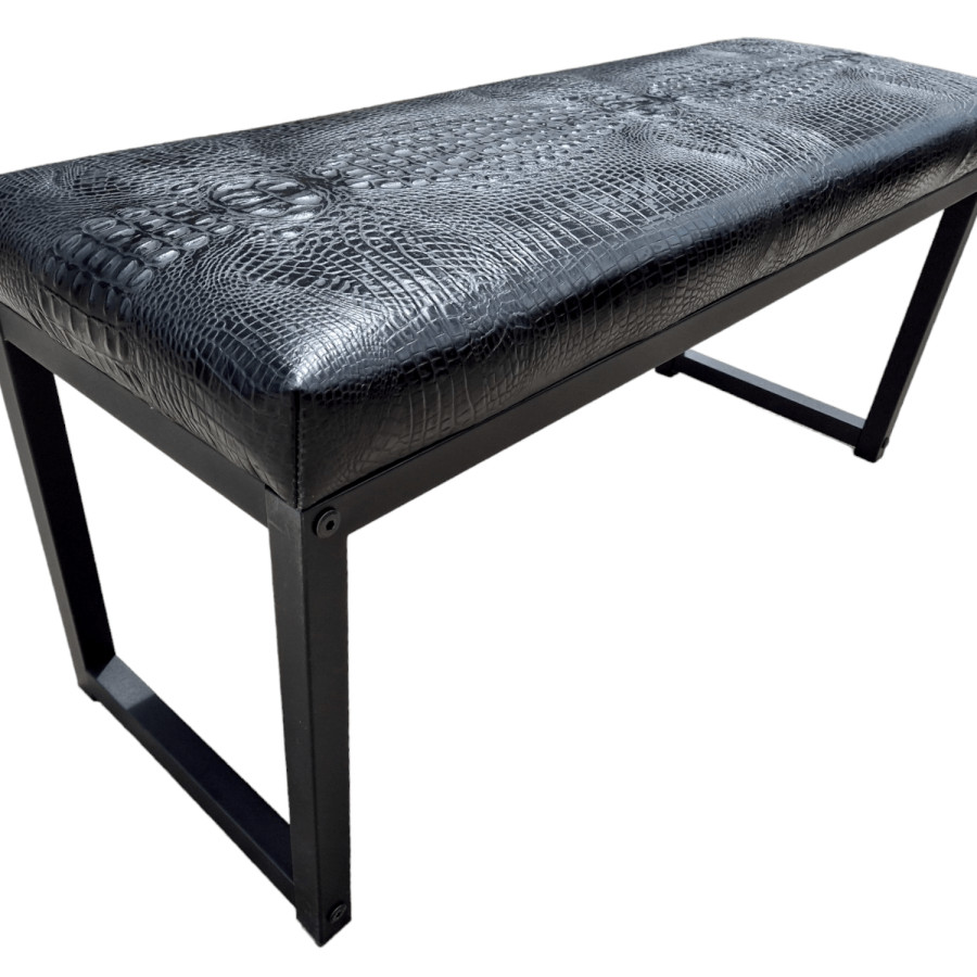 Crocodile Black embossed genuine cowhide leather bench - 40" wide - Matte Black Steel Frame - Handmade 2