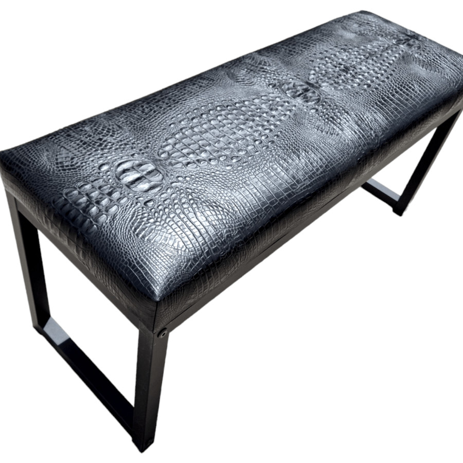 Crocodile Black embossed genuine cowhide leather bench - 40" wide - Matte Black Steel Frame - Handmade 3