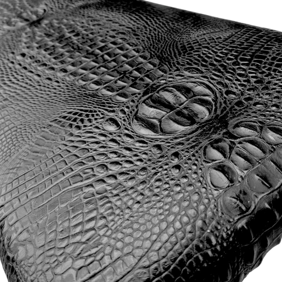 Crocodile Black embossed genuine cowhide leather bench - 40" wide - Matte Black Steel Frame - Handmade 6