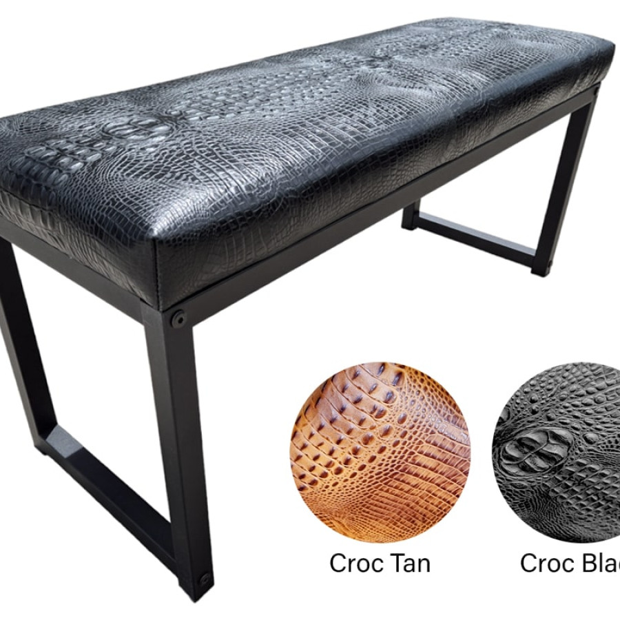 Crocodile Black embossed genuine cowhide leather bench - 40" wide - Matte Black Steel Frame - Handmade 9