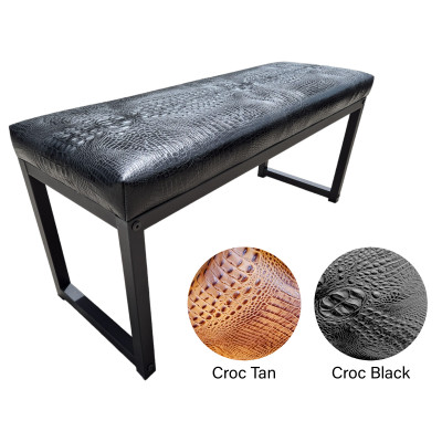 Crocodile Black embossed genuine cowhide leather bench - 40" wide - Matte Black Steel Frame - Handmade