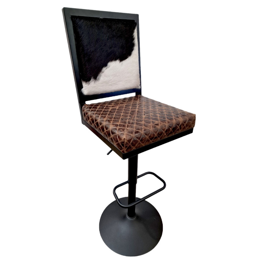 Genuine Cowhide Stool - ADJUSTABLE HEIGHT + Swivel - Counter Stool / Bar stool with back support - GLBK 7