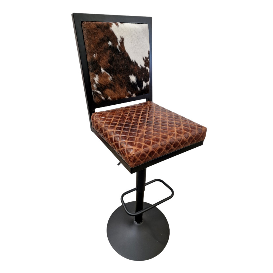 Genuine Cowhide Stool - ADJUSTABLE HEIGHT + Swivel - Counter Stool / Bar stool with back support - GLBK 11