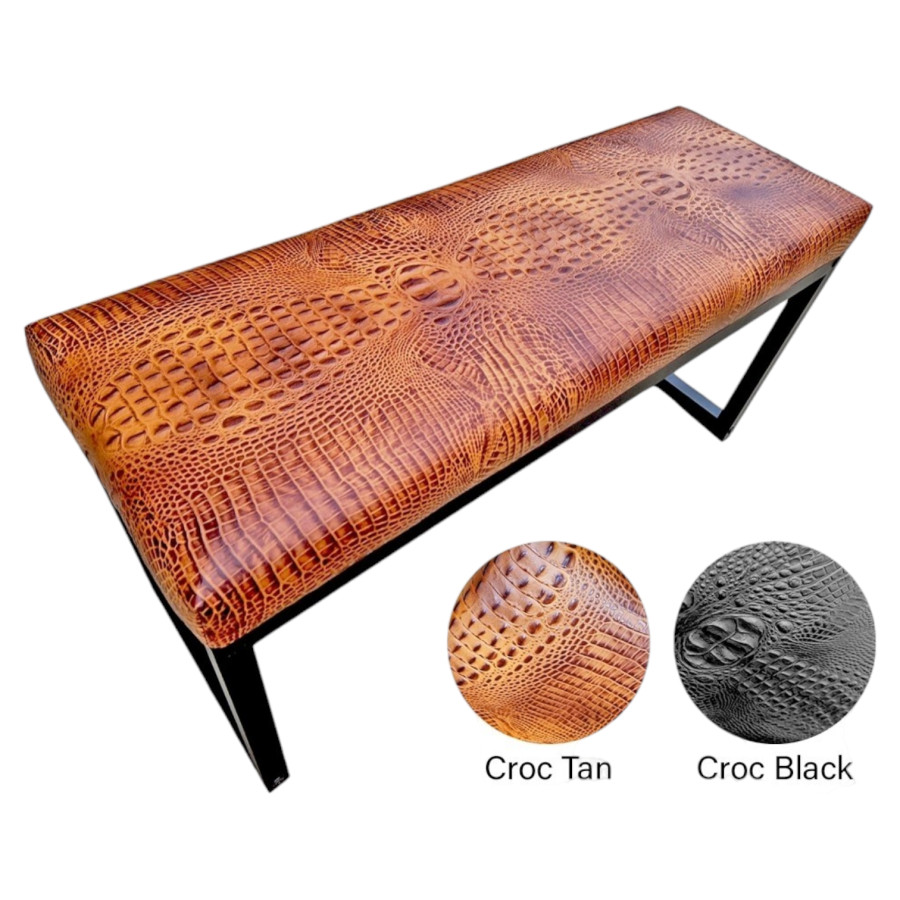 Crocodile Saddle Tan embossed genuine cowhide leather bench - 40" wide - Matte Black Steel Frame - Handmade 6