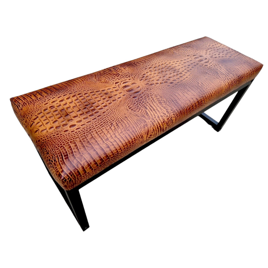 Crocodile Black embossed genuine cowhide leather bench - 40" wide - Matte Black Steel Frame - Handmade 13