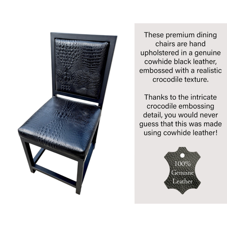 Crocodile look black or tan genuine Leather dining chair with embossed crocodile pattern | cowhide leather upholstery + black steel frames -FPDC- 0