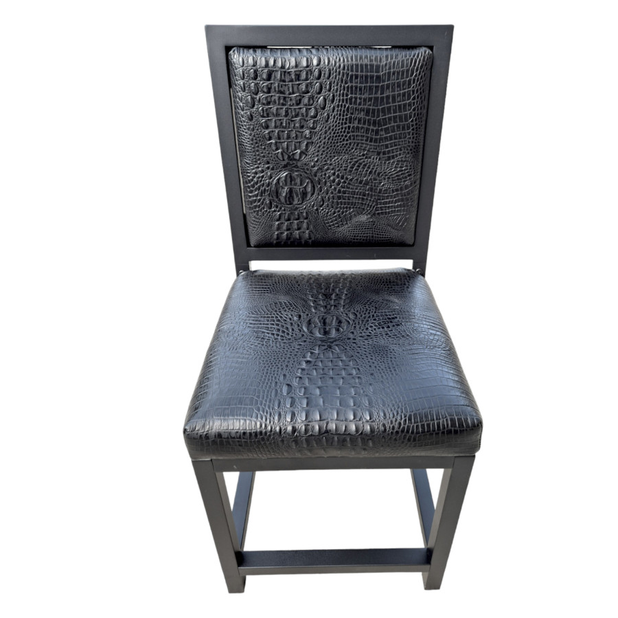 Crocodile look black or tan genuine Leather dining chair with embossed crocodile pattern | cowhide leather upholstery + black steel frames -FPDC- 1