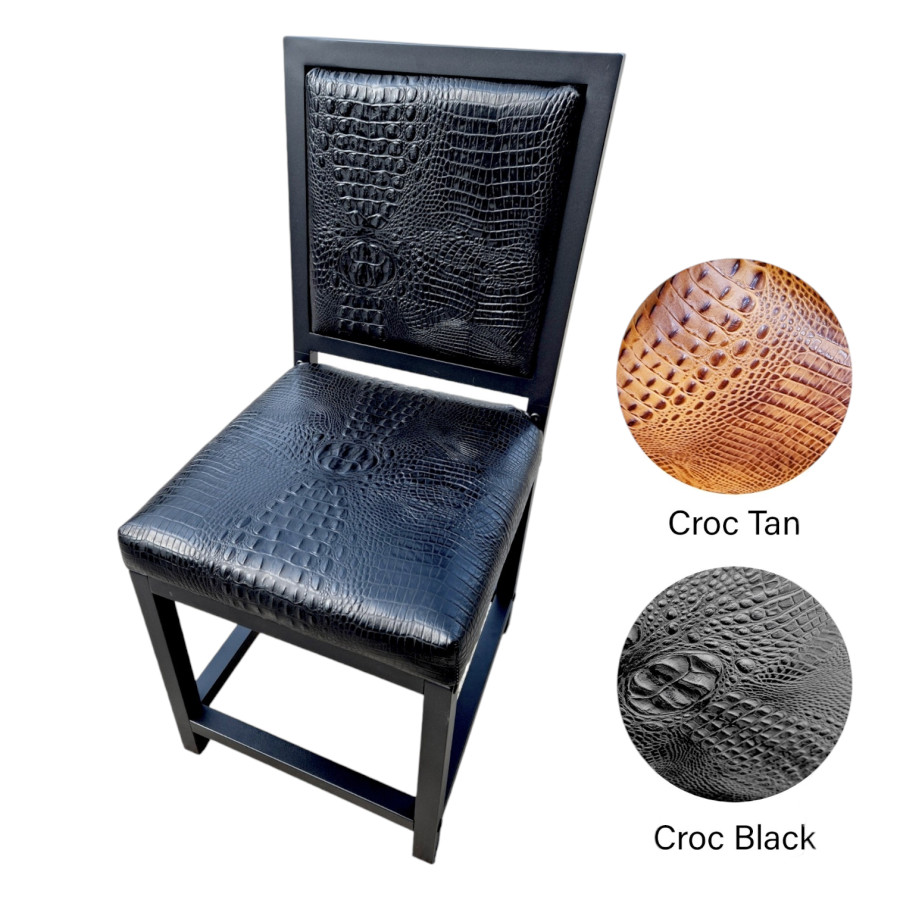 Crocodile look black or tan genuine Leather dining chair with embossed crocodile pattern | cowhide leather upholstery + black steel frames -FPDC- 8