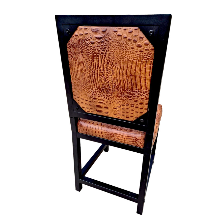 Crocodile look black or tan genuine Leather dining chair with embossed crocodile pattern | cowhide leather upholstery + black steel frames -FPDC- 10