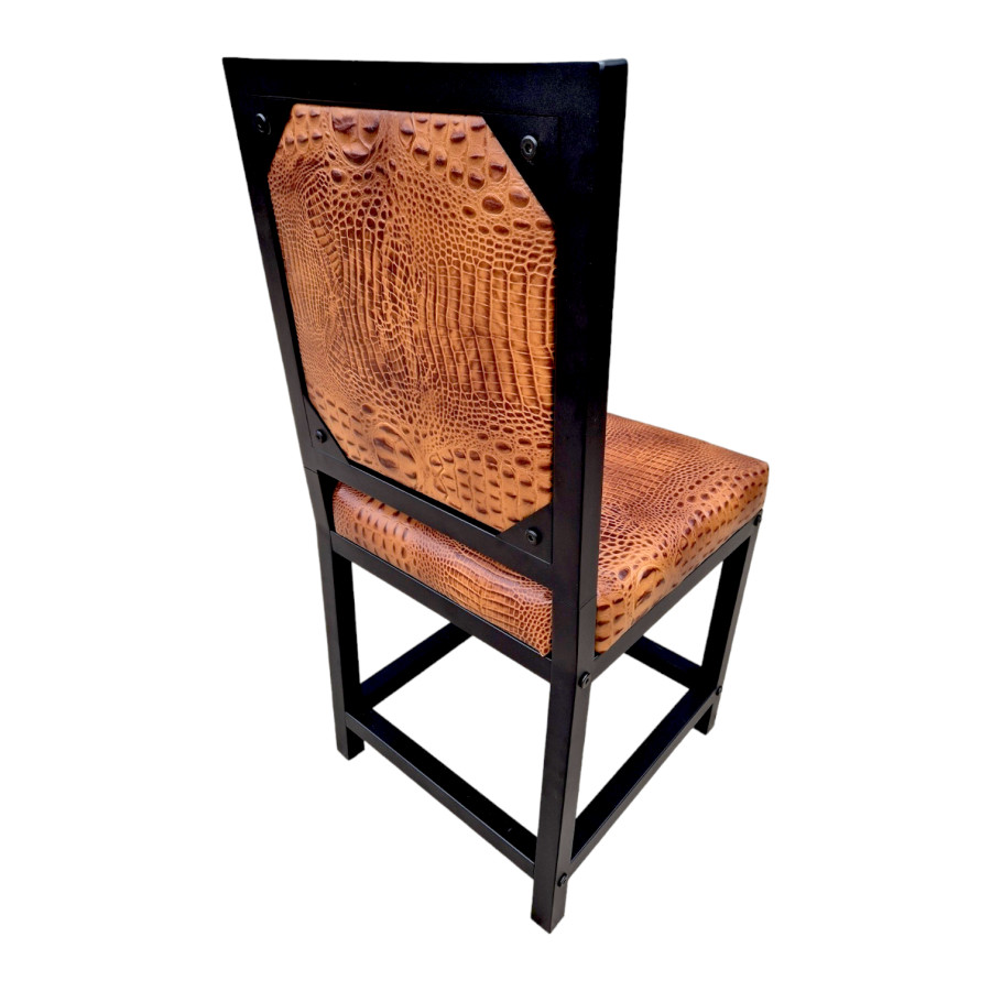 Crocodile look black or tan genuine Leather dining chair with embossed crocodile pattern | cowhide leather upholstery + black steel frames -FPDC- 11