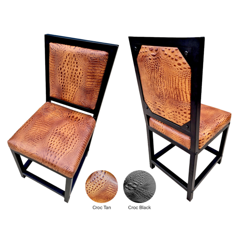 Crocodile look black or tan genuine Leather dining chair with embossed crocodile pattern | cowhide leather upholstery + black steel frames -FPDC- 12