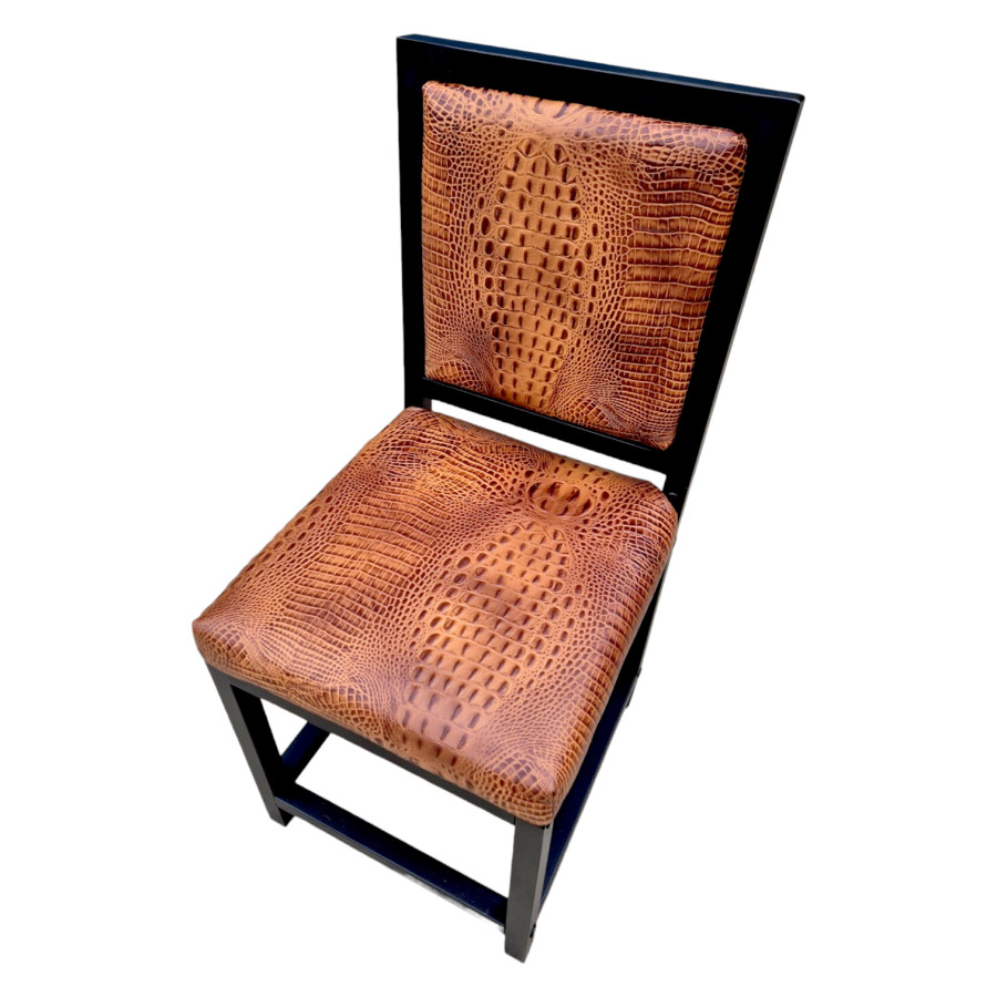 Crocodile look black or tan genuine Leather dining chair with embossed crocodile pattern | cowhide leather upholstery + black steel frames -FPDC- 13