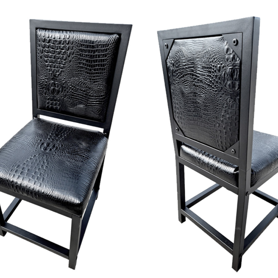 Crocodile look black or tan genuine Leather dining chair with embossed crocodile pattern | cowhide leather upholstery + black steel frames -FPDC- 3