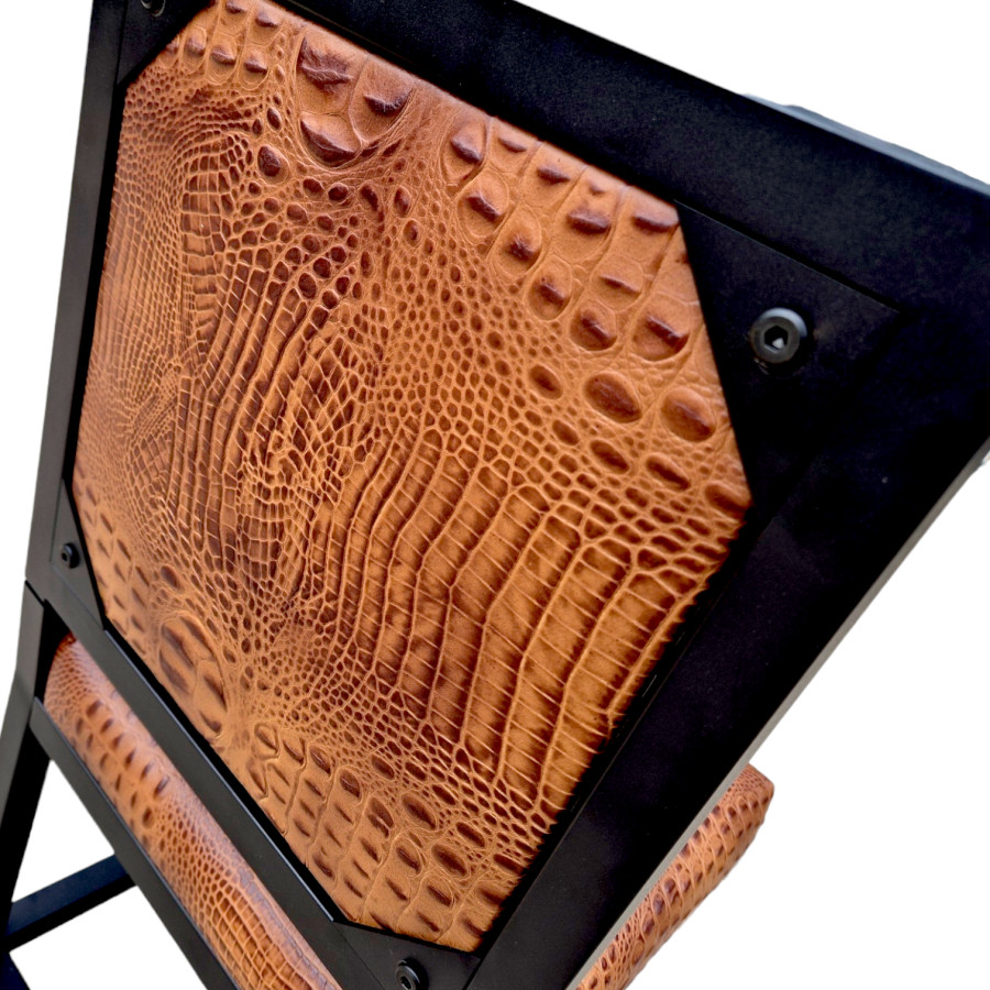 Crocodile look black or tan genuine Leather dining chair with embossed crocodile pattern | cowhide leather upholstery + black steel frames -FPDC- 7