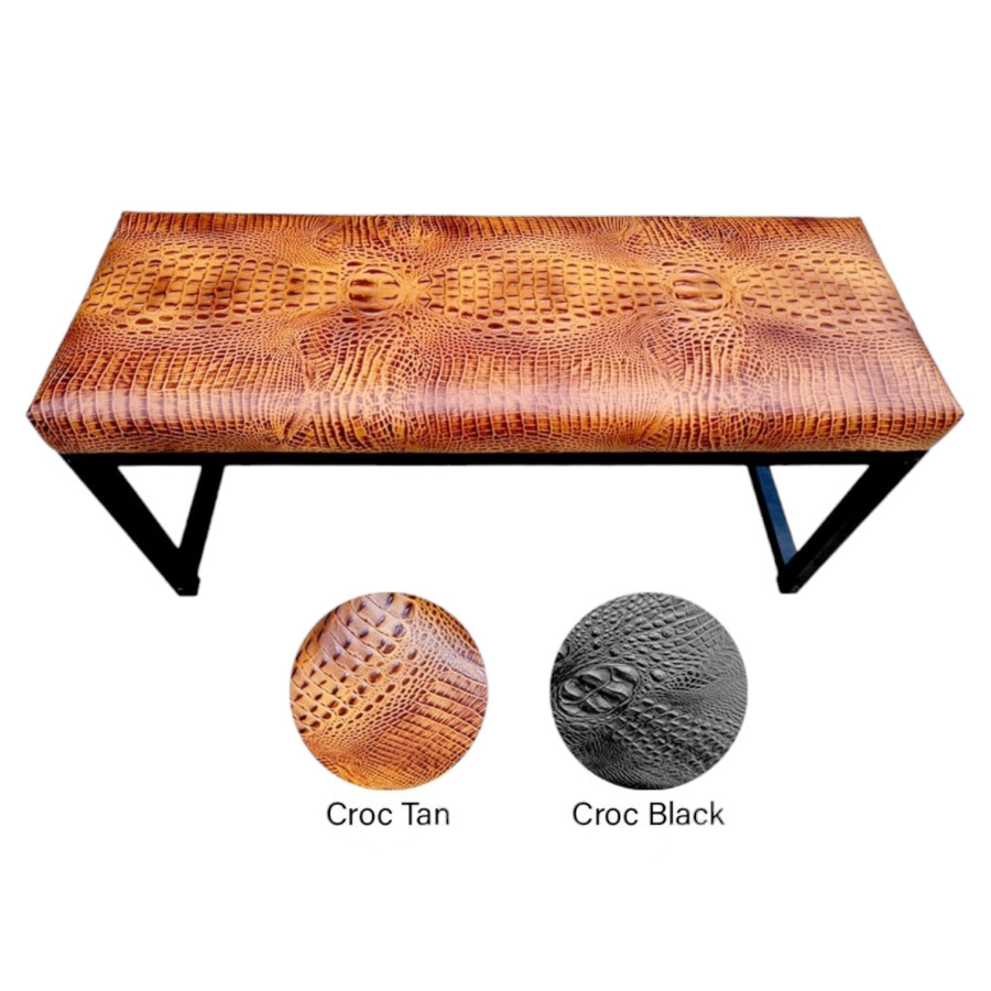 Crocodile Saddle Tan embossed genuine cowhide leather bench - 40" wide - Matte Black Steel Frame - Handmade