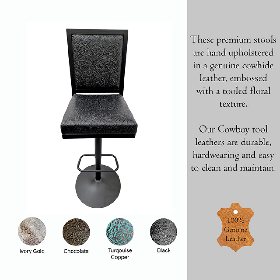 Cowboy Tool Embossed  genuine leather counter stool - ADJUSTABLE HEIGHT + Swivel - Counter Stool / Bar stool with back support - GLBK 0