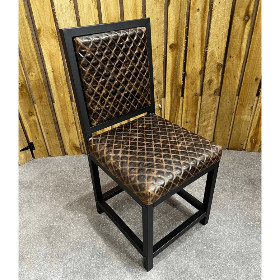 Leather dining chair with diamond stitch leather | Genuine leather with black steel frames -  farmhouse dining chair -FPDC- 1