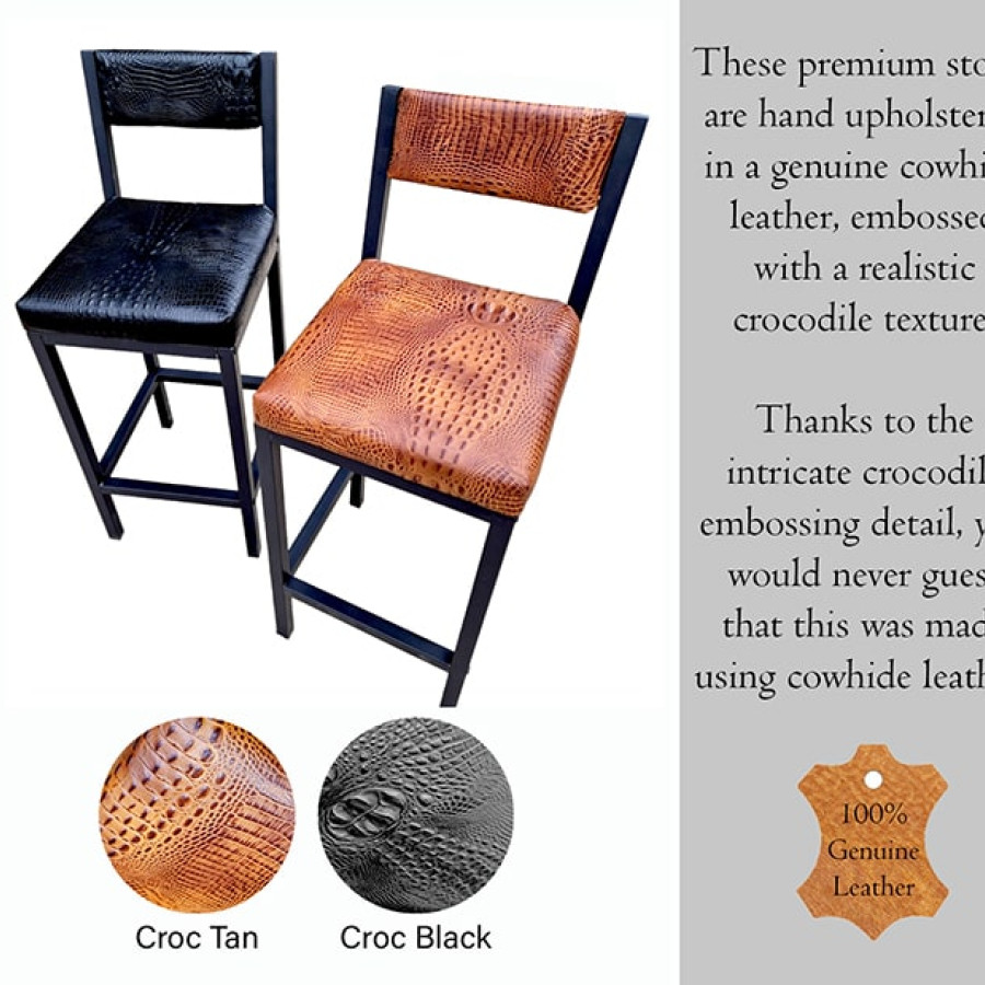 Crocodile leather counter stool | Cowhide leather with crocodile look embossed texture counter stool with back - FPBK- (priced per stool) 2