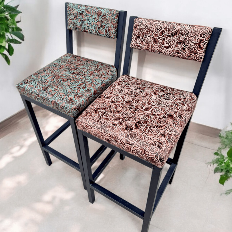 Roses floral embossed genuine leather counter stool | Cowhide leather with roses embossed texture counter stool with back - FPBK