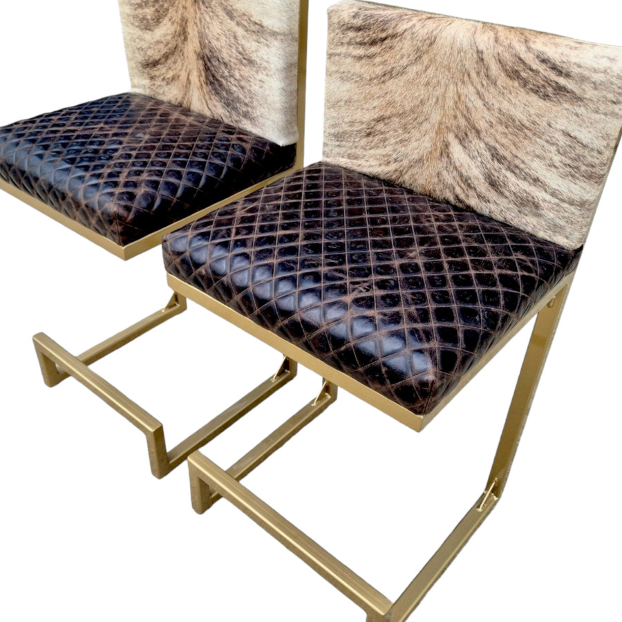 A Pair of premium counter height stools with back supports  - Made with genuine cowhide and diamond stitched leather 1