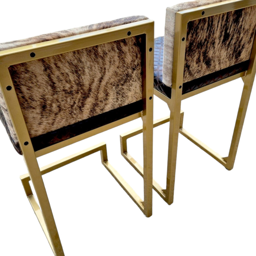 A Pair of premium counter height stools with back supports  - Made with genuine cowhide and diamond stitched leather 3