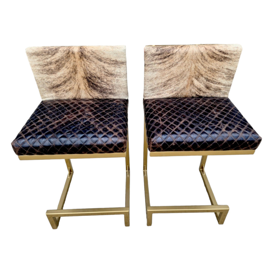 A Pair of premium counter height stools with back supports  - Made with genuine cowhide and diamond stitched leather 4