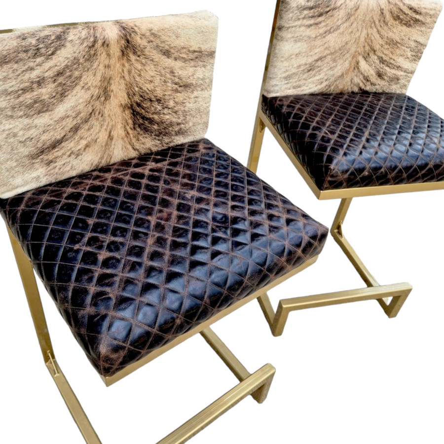 A Pair of premium counter height stools with back supports  - Made with genuine cowhide and diamond stitched leather 8