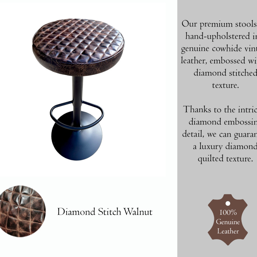 Vintage diamond stitched walnut Leather - Real leather! - Adjustable height + 360 rotating seat counter stool / Barstool - GL 4