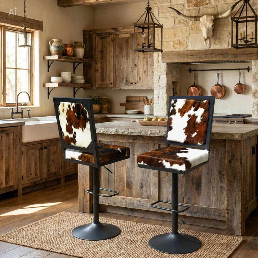 Genuine Cowhide Swivel Bar Chairs | Adjustable Height with Back Rest - GLBK 0