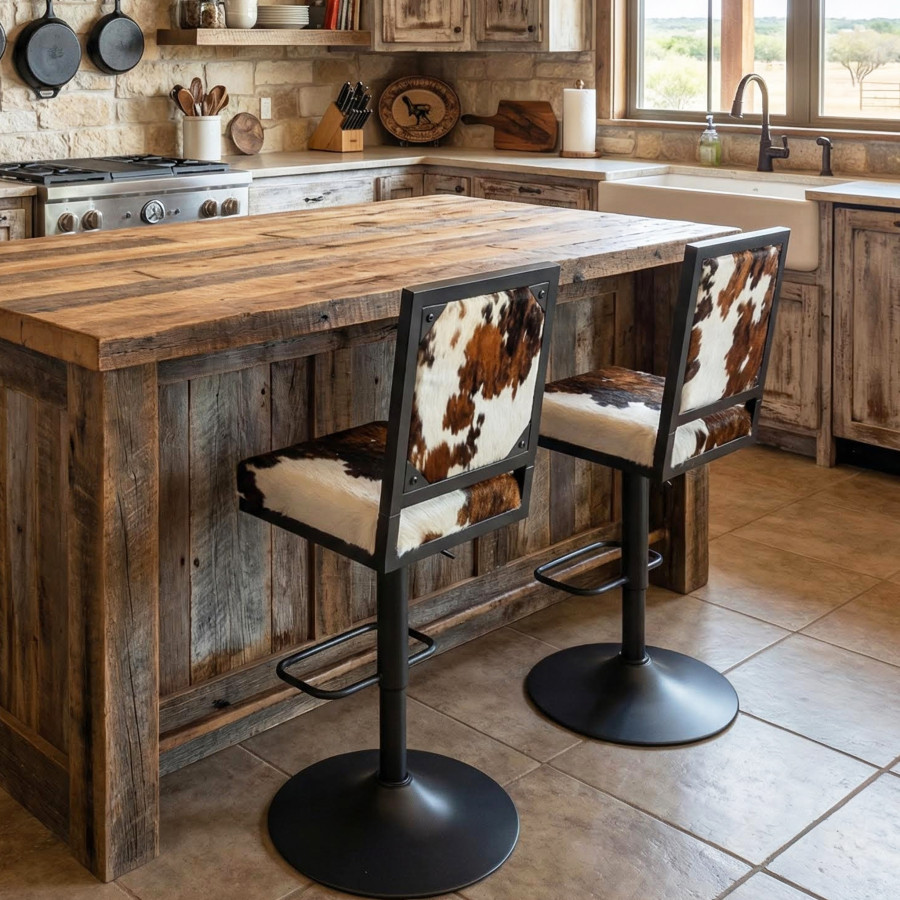 Genuine Cowhide Swivel Bar Chairs | Adjustable Height with Back Rest - GLBK 5
