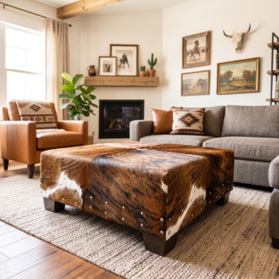Square Cowhide Padded Ottoman - Genuine Hair on Hide Footstool with Wooden Legs - FO
