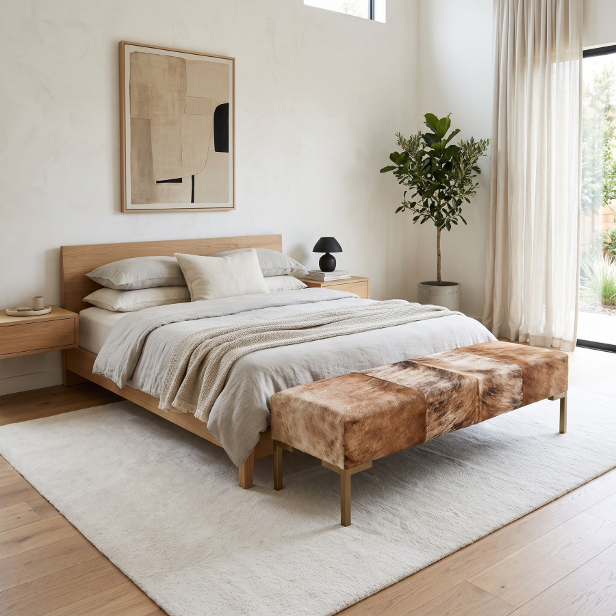 Genuine Cowhide Hair on Hide Bedroom Bench - End of Bed Upholstered Seating with Metal Legs - LFB70 0