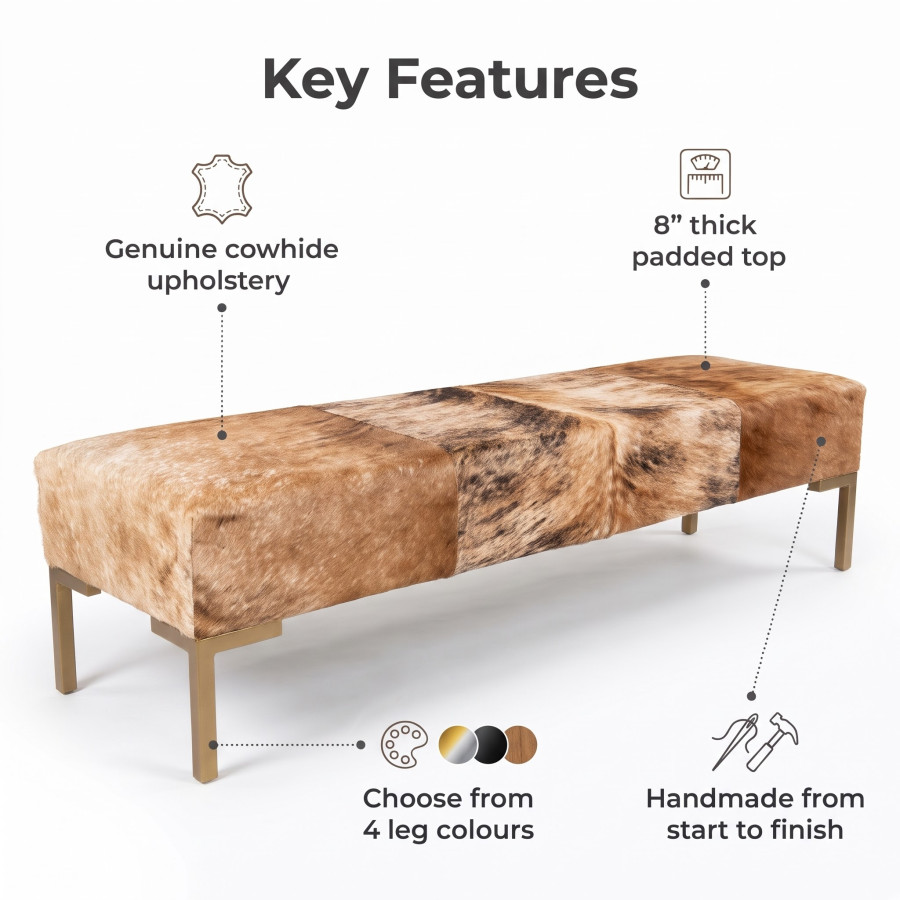 Genuine Cowhide Hair on Hide Bedroom Bench - End of Bed Upholstered Seating with Metal Legs - LFB70 4