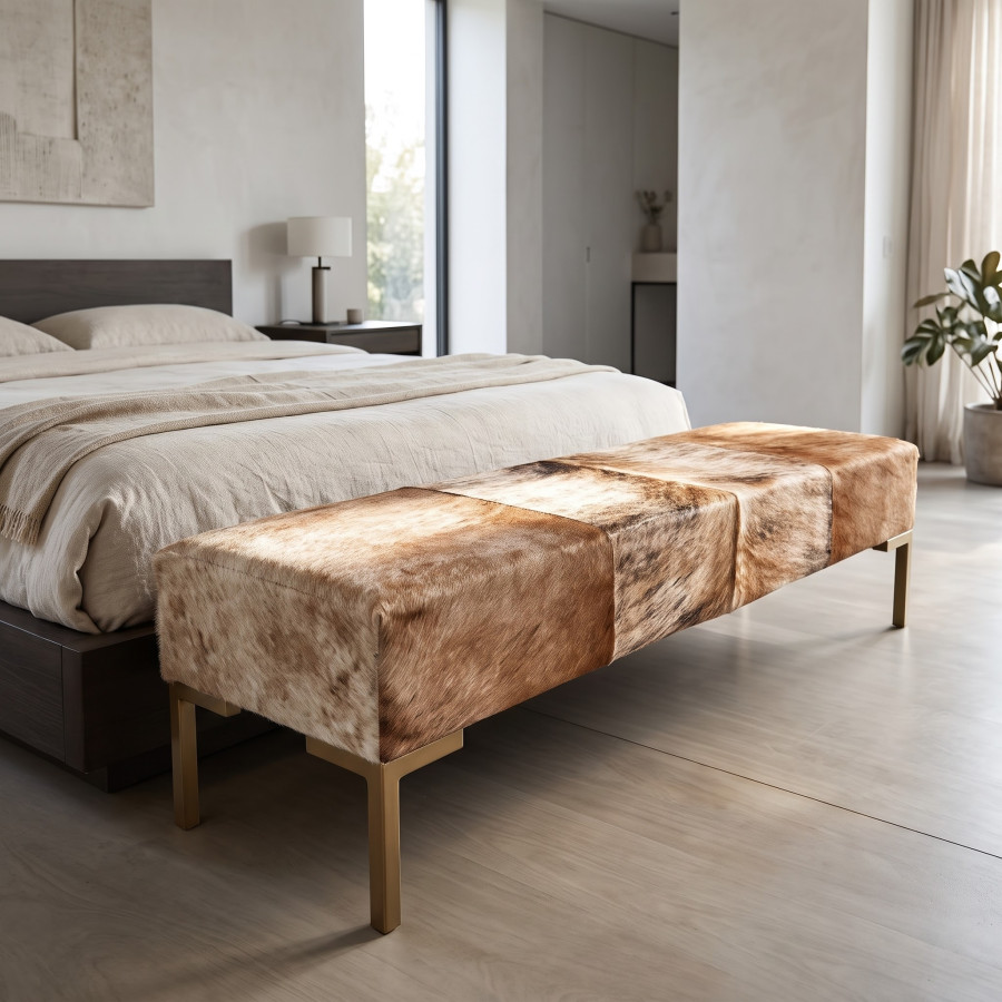 Genuine Cowhide Hair on Hide Bedroom Bench - End of Bed Upholstered Seating with Metal Legs - LFB70 5